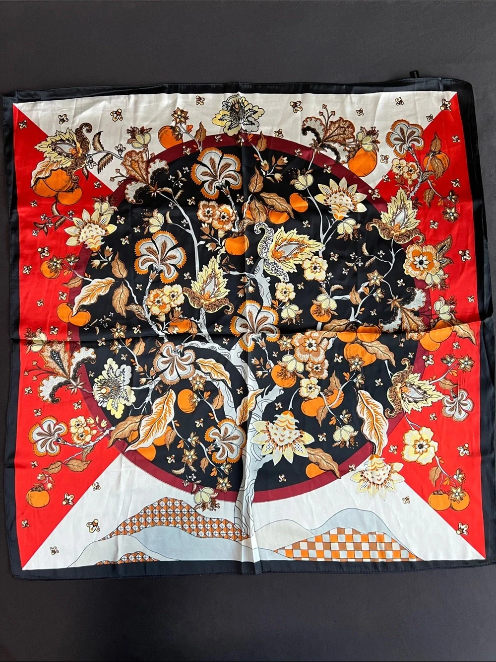 Floral Silk-Feel Polyester Square Scarf in Black, Red & Orange